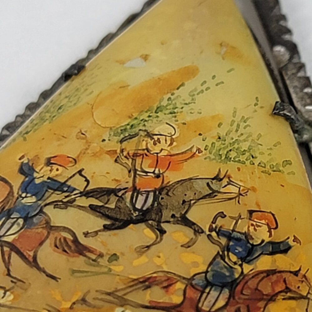Vtg. Persian Polo Horses Hand Painted Mother Pearl Teadrop Pendant Necklace 18" - Picture 5 of 14